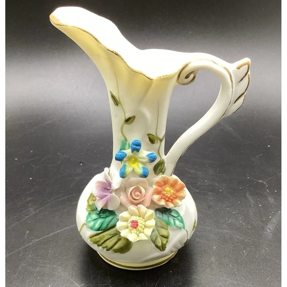 Vintage Miniature Pitcher‎ Vase W/ Applied Flowers Taiwan 4
